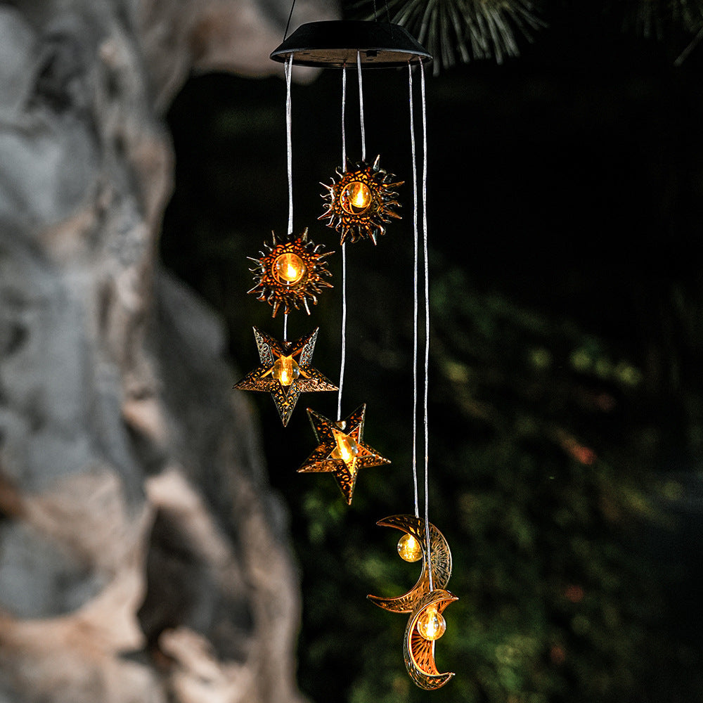 Contemporary Boho Solar Waterproof ABS Metal Moon Sun Star Decoration Wind Chime Hanging LED Outdoor Light Landscape Lighting For Outdoor Patio Lumendat
