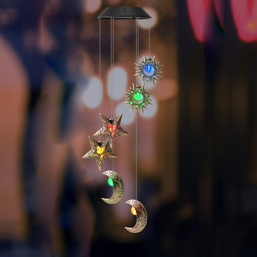 Contemporary Boho Solar Waterproof ABS Metal Moon Sun Star Decoration Wind Chime Hanging LED Outdoor Light Landscape Lighting For Outdoor Patio Lumendat