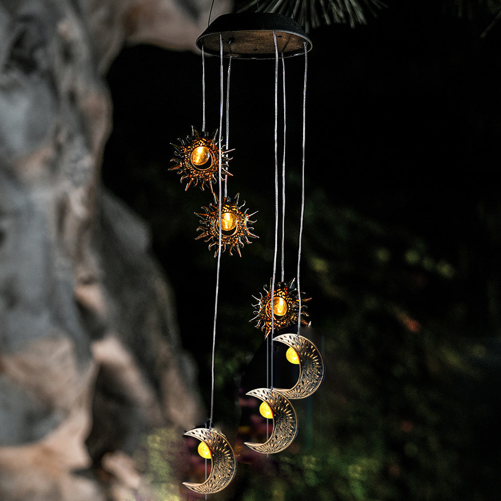 Contemporary Boho Solar Waterproof ABS Metal Moon Sun Star Decoration Wind Chime Hanging LED Outdoor Light Landscape Lighting For Outdoor Patio Lumendat