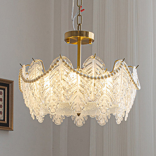 Traditional French Iron Glass Pearl Leaf 5/6/8 Light Semi-Flush Mount Ceiling Light For Bedroom