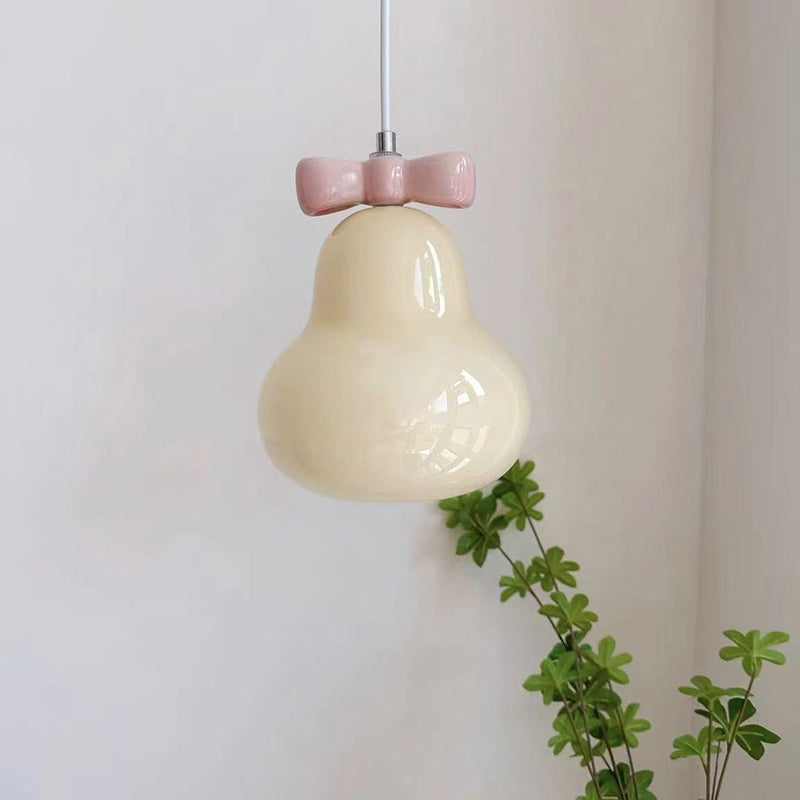 Traditional French Iron Ceramic Glass Gourd Pear Bow Tie 1-Light Pendant Light For Bedside