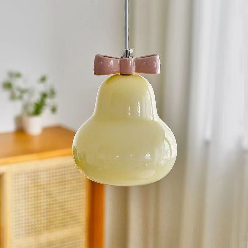 Traditional French Iron Ceramic Glass Gourd Pear Bow Tie 1-Light Pendant Light For Bedside