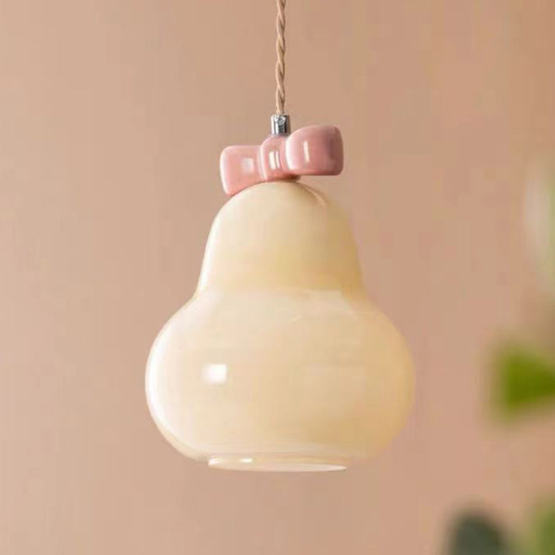 Traditional French Iron Ceramic Glass Gourd Pear Bow Tie 1-Light Pendant Light For Bedside