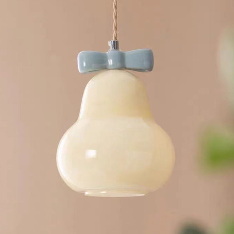 Traditional French Iron Ceramic Glass Gourd Pear Bow Tie 1-Light Pendant Light For Bedside