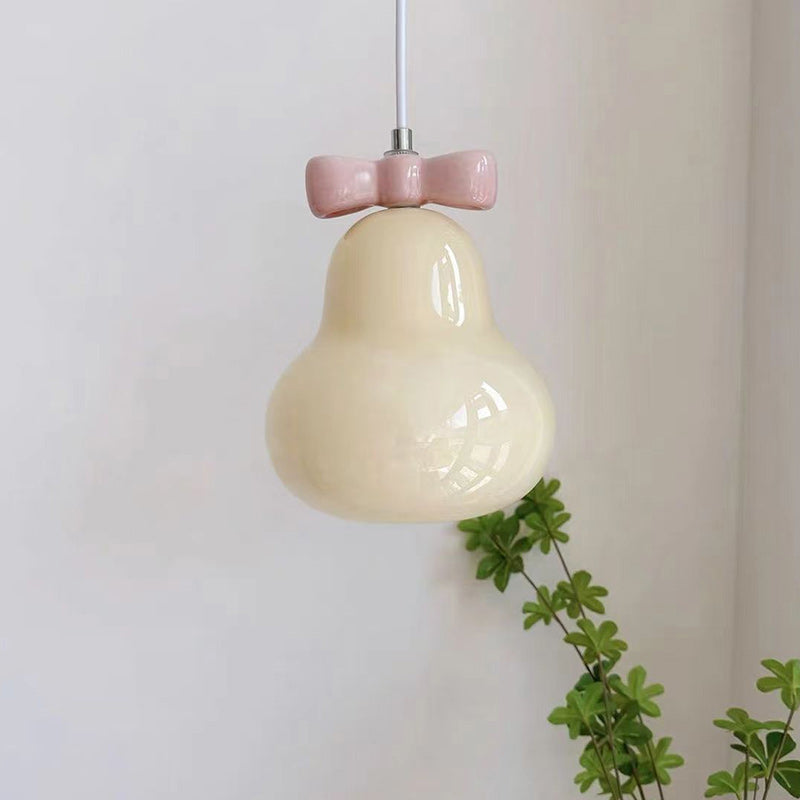 Traditional French Iron Ceramic Glass Gourd Pear Bow Tie 1-Light Pendant Light For Bedside