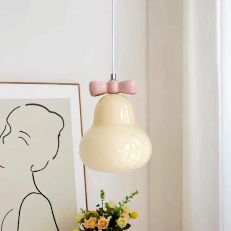 Traditional French Iron Ceramic Glass Gourd Pear Bow Tie 1-Light Pendant Light For Bedside