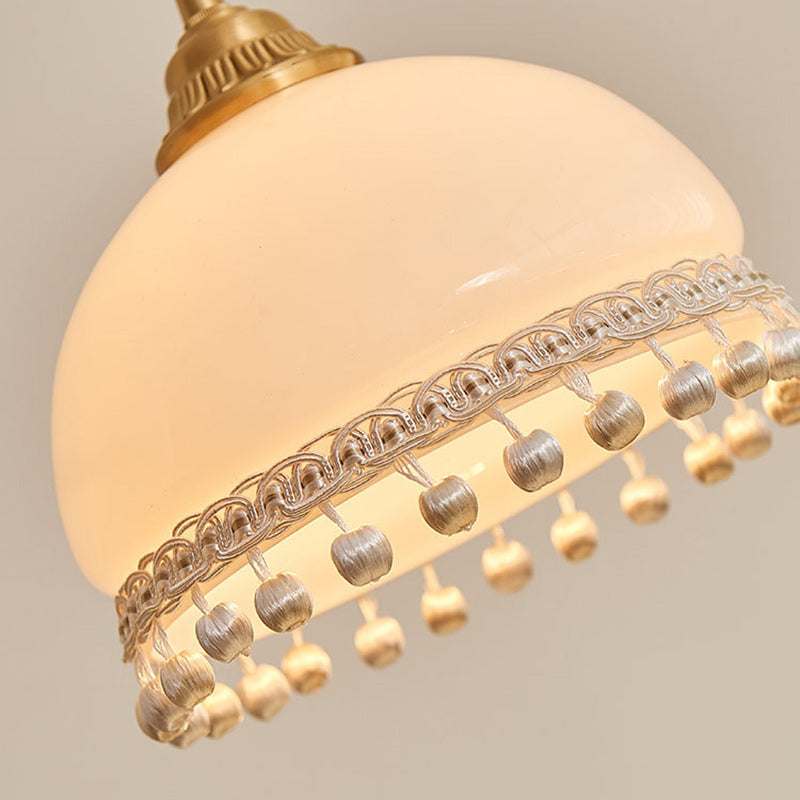Traditional European Copper Glass Silk Wire Tassel Dome Oval 1-Light Pendant Light For Bedside