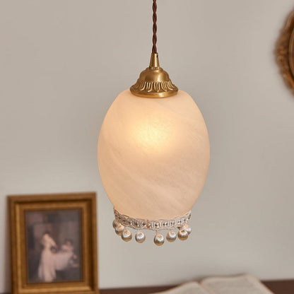 Traditional European Copper Glass Silk Wire Tassel Dome Oval 1-Light Pendant Light For Bedside