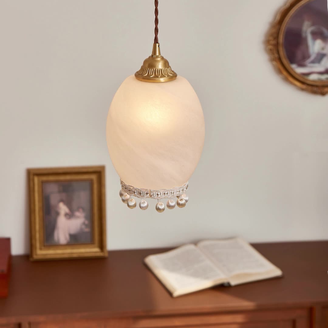 Traditional European Copper Glass Silk Wire Tassel Dome Oval 1-Light Pendant Light For Bedside