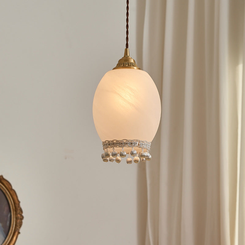 Traditional European Copper Glass Silk Wire Tassel Dome Oval 1-Light Pendant Light For Bedside
