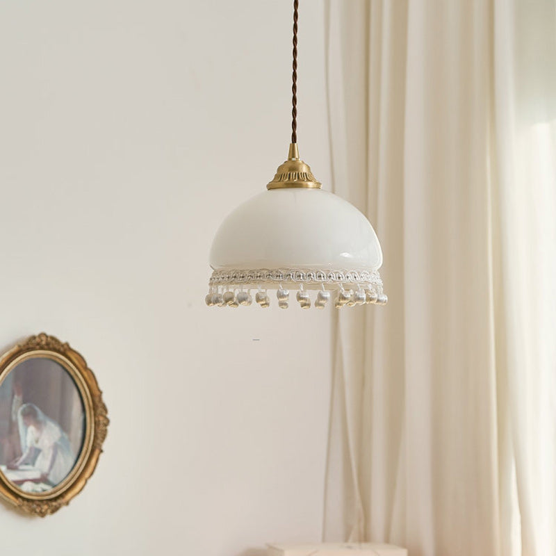 Traditional European Copper Glass Silk Wire Tassel Dome Oval 1-Light Pendant Light For Bedside