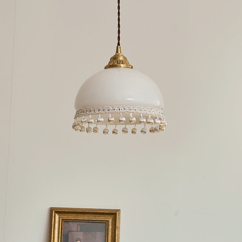 Traditional European Copper Glass Silk Wire Tassel Dome Oval 1-Light Pendant Light For Bedside