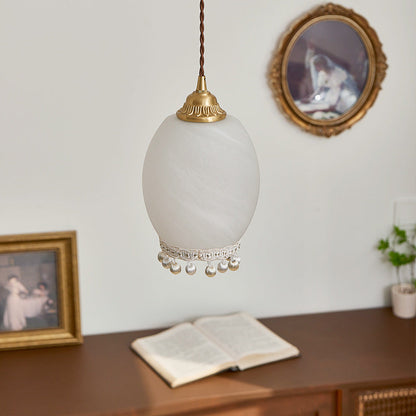 Traditional European Copper Glass Silk Wire Tassel Dome Oval 1-Light Pendant Light For Bedside