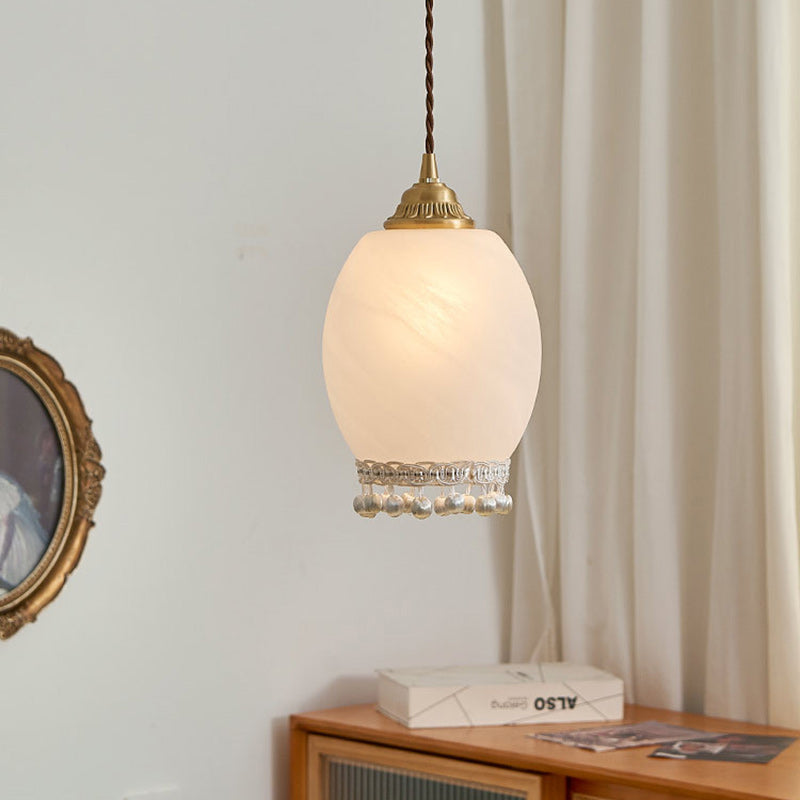 Traditional European Copper Glass Silk Wire Tassel Dome Oval 1-Light Pendant Light For Bedside