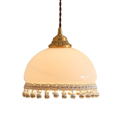 Traditional European Copper Glass Silk Wire Tassel Dome Oval 1-Light Pendant Light For Bedside