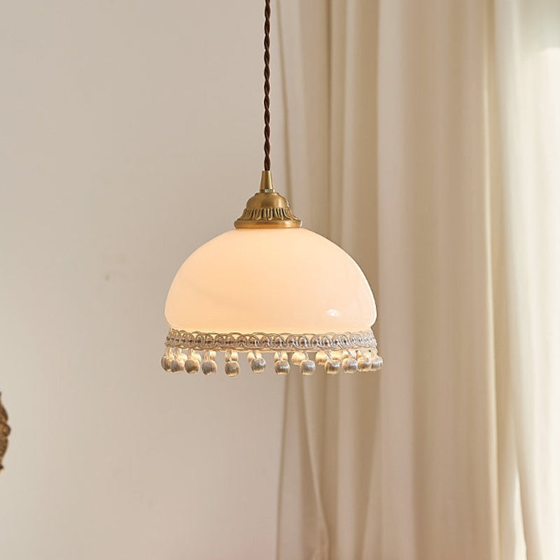 Traditional European Copper Glass Silk Wire Tassel Dome Oval 1-Light Pendant Light For Bedside