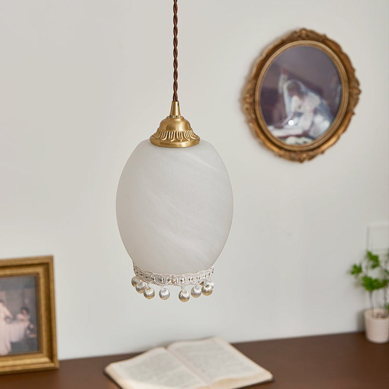 Traditional European Copper Glass Silk Wire Tassel Dome Oval 1-Light Pendant Light For Bedside