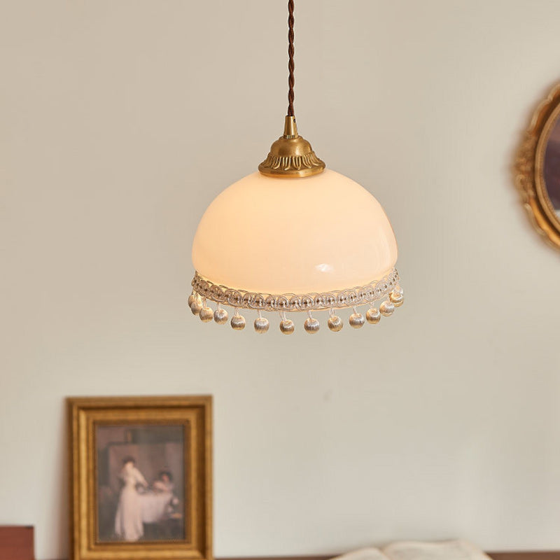 Traditional European Copper Glass Silk Wire Tassel Dome Oval 1-Light Pendant Light For Bedside