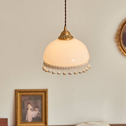 Traditional European Copper Glass Silk Wire Tassel Dome Oval 1-Light Pendant Light For Bedside