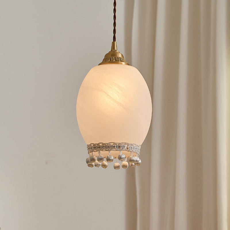 Traditional European Copper Glass Silk Wire Tassel Dome Oval 1-Light Pendant Light For Bedside