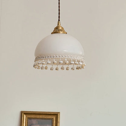 Traditional European Copper Glass Silk Wire Tassel Dome Oval 1-Light Pendant Light For Bedside