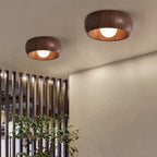 Contemporary Scandinavian Iron Glass Round Tart Wood Grain 1-light Flush Mount Ceiling Light for Hallway