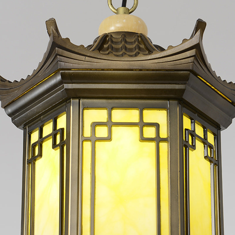 Traditional Chinese Waterproof Aluminum Alloy Imitation Marble Lantern Pergola 1-light Outdoor Pendant Light for Garden