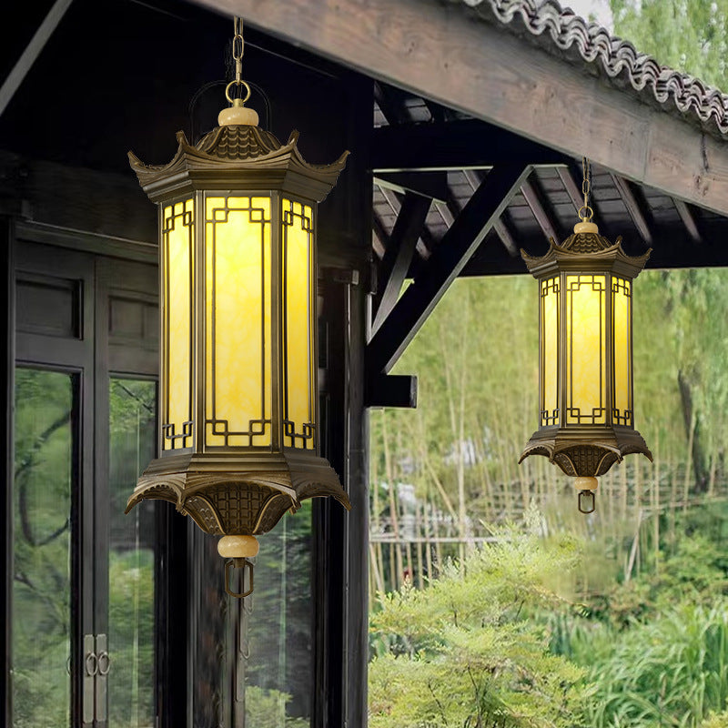 Traditional Chinese Waterproof Aluminum Alloy Imitation Marble Lantern Pergola 1-light Outdoor Pendant Light for Garden