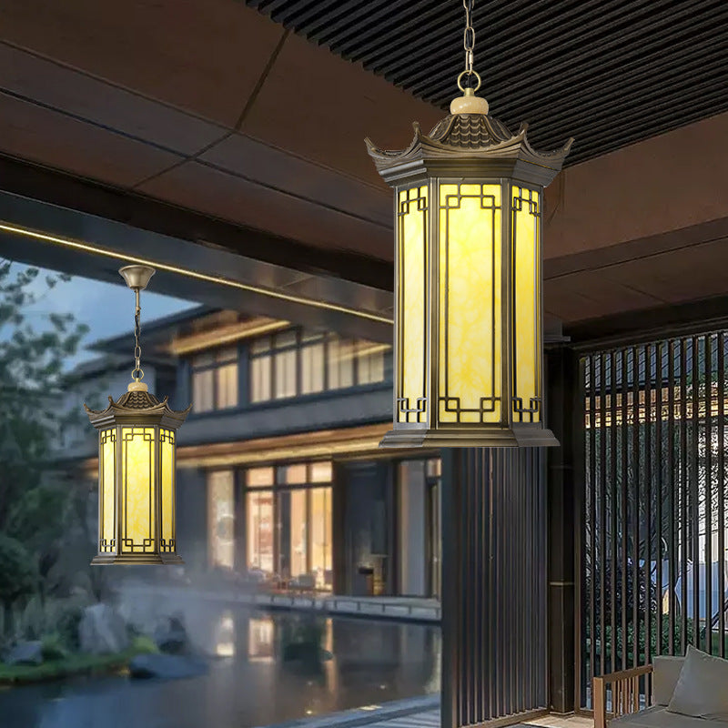 Traditional Chinese Waterproof Aluminum Alloy Imitation Marble Lantern Pergola 1-light Outdoor Pendant Light for Garden