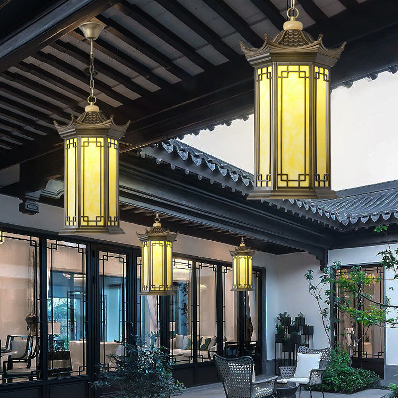 Traditional Chinese Waterproof Aluminum Alloy Imitation Marble Lantern Pergola 1-light Outdoor Pendant Light for Garden
