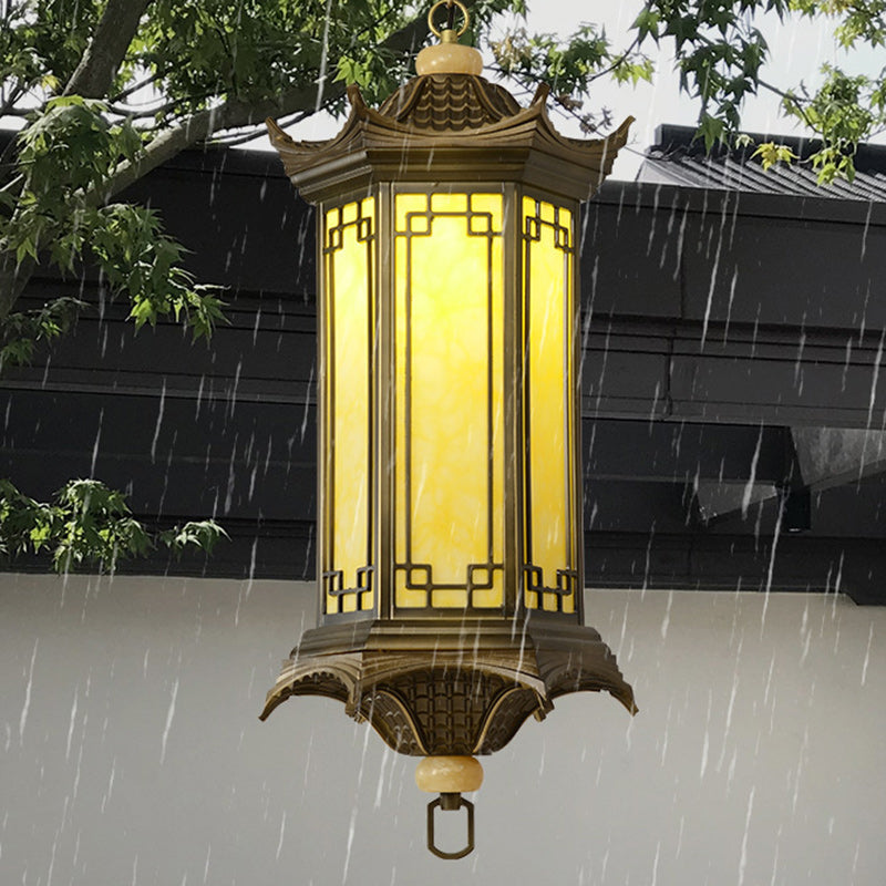 Traditional Chinese Waterproof Aluminum Alloy Imitation Marble Lantern Pergola 1-light Outdoor Pendant Light for Garden
