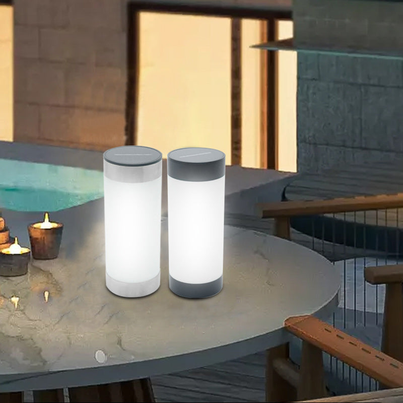 Modern Minimalist Solar Waterproof Stainless Steel Plastic Glass Cylinder Portable LED Outdoor Table Lamp For Outdoor Patio Lumendat