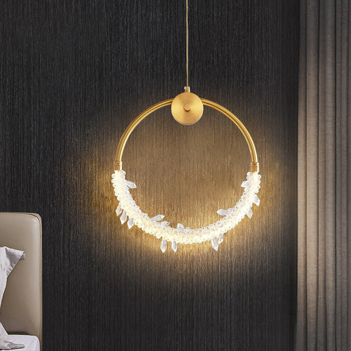 Modern Luxury Crystal Iron Circle Ice Crystal LED Pendant Light For Bedside