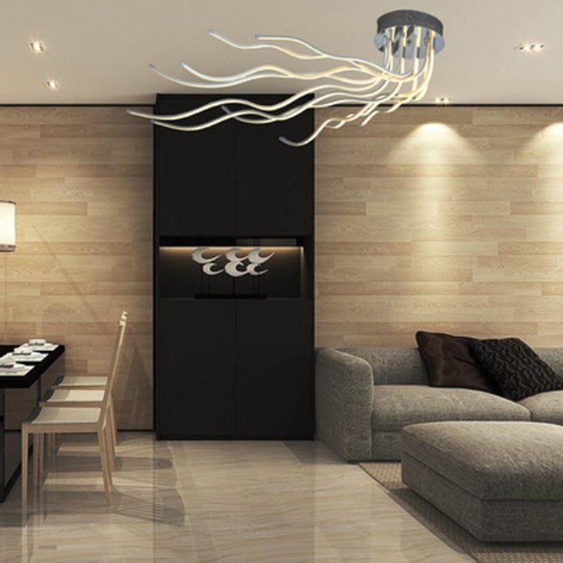 Contemporary Creative Wave Long Aluminum Acrylic LED Semi-flush Mount Ceiling Light for Living Room