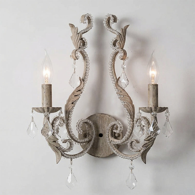 French Vintage Iron Crystal Hardware 3-Light Wall Sconce Lamp Lumendat