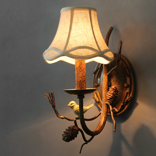 Vintage Fabric Bird Pinecone Resin 1/2 Light Wall Sconce Lamp