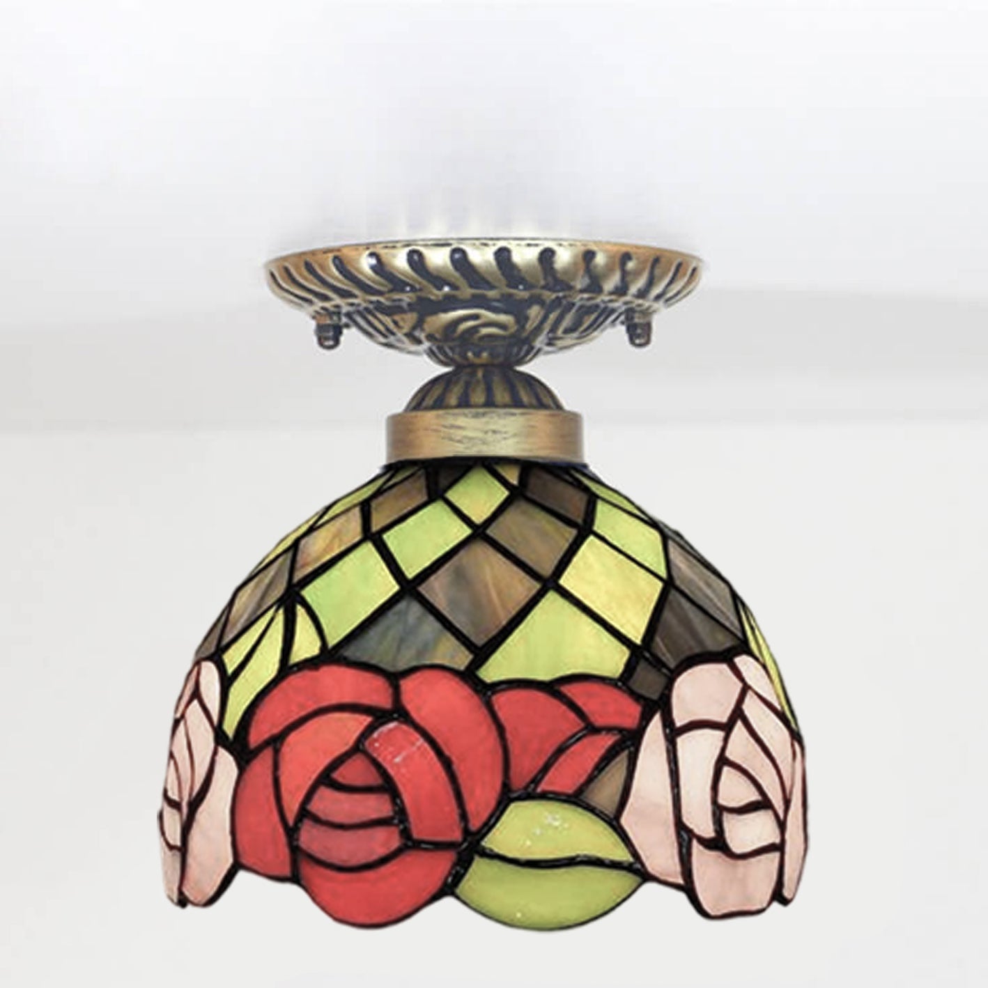 Vintage Tiffany Rose Stained Glass 1-light Bowl Semi-flush Mount Ceiling Light