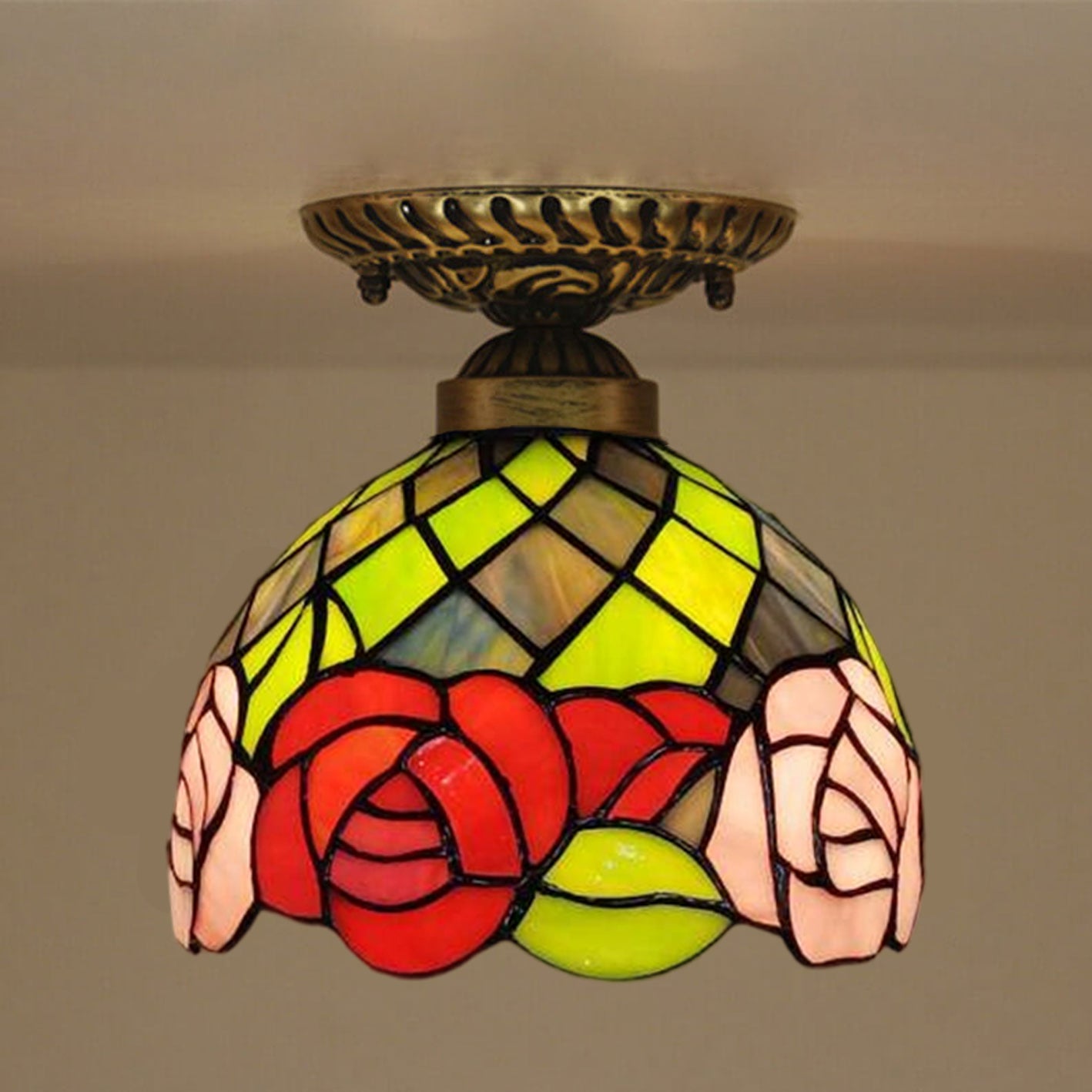 Vintage Tiffany Rose Stained Glass 1-light Bowl Semi-flush Mount Ceiling Light