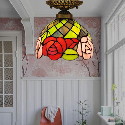Vintage Tiffany Rose Stained Glass 1-light Bowl Semi-flush Mount Ceiling Light
