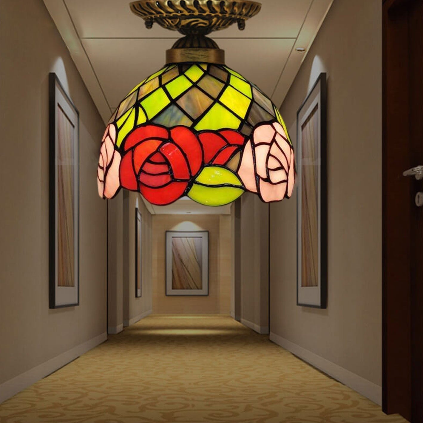 Vintage Tiffany Rose Stained Glass 1-light Bowl Semi-flush Mount Ceiling Light