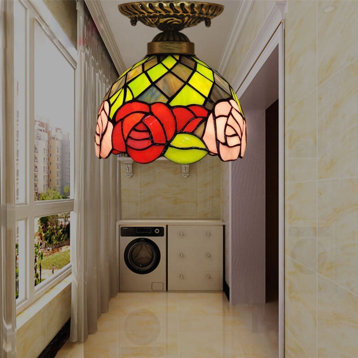 Vintage Tiffany Rose Stained Glass 1-light Bowl Semi-flush Mount Ceiling Light