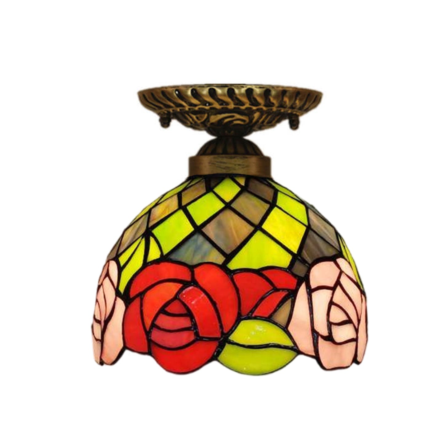 Vintage Tiffany Rose Stained Glass 1-light Bowl Semi-flush Mount Ceiling Light