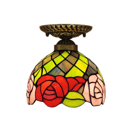 Vintage Tiffany Rose Stained Glass 1-light Bowl Semi-flush Mount Ceiling Light