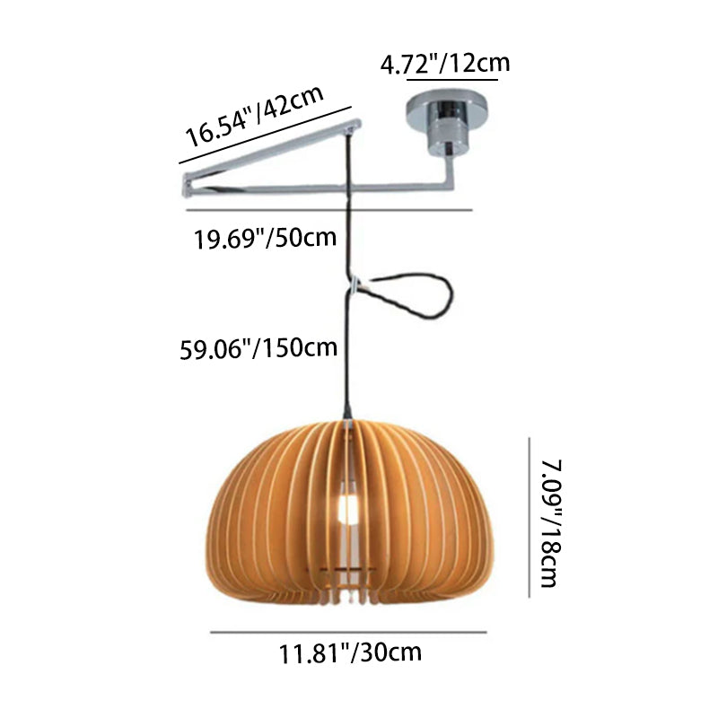Japanese Minimalist Wooden Pumpkin Swing Arm 1-light Pendant Light