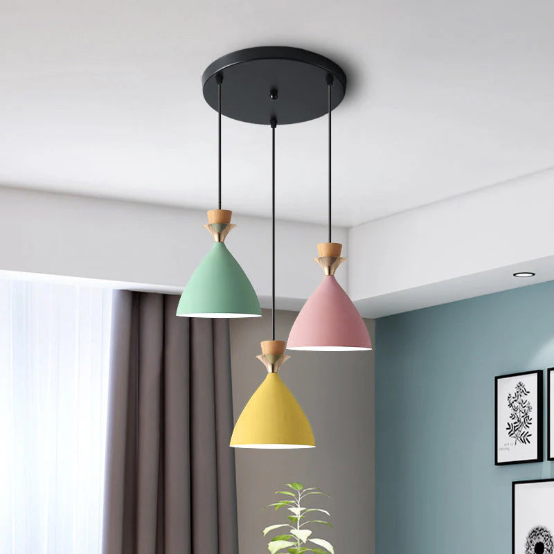 Nordic Macaron Candy Iron Cone 1/3 Light Chandelier BulbSquare