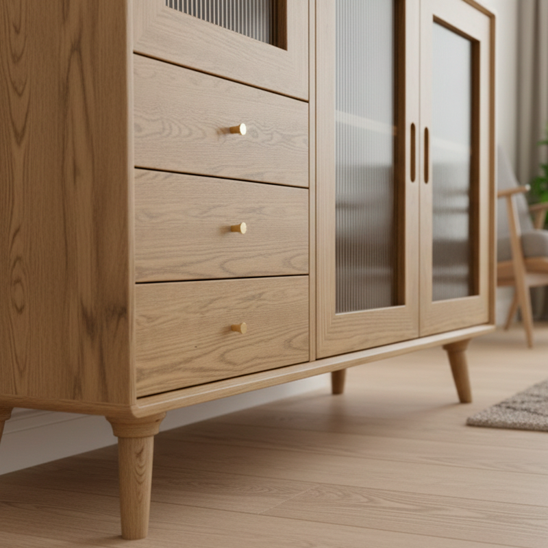 Contemporary Scandinavian North American Ash Wood Storage Cabinet - Rectangular With Hutch Ribbed Glass Storage Sideboard For Dining Room & Kitchen Lumendat