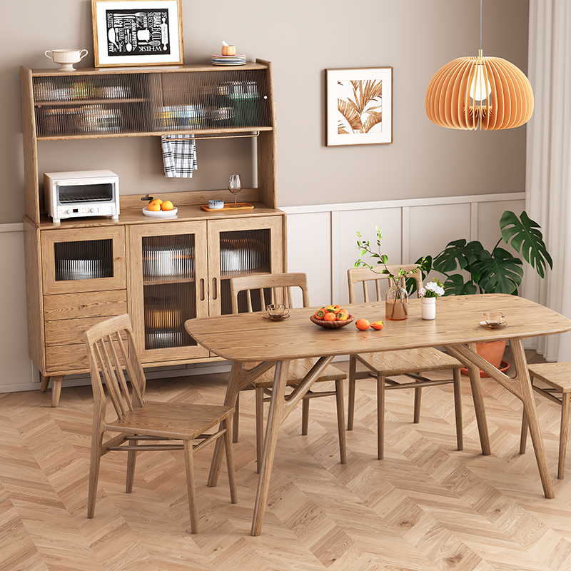 Contemporary Scandinavian North American Ash Wood Storage Cabinet - Rectangular With Hutch Ribbed Glass Storage Sideboard For Dining Room & Kitchen Lumendat
