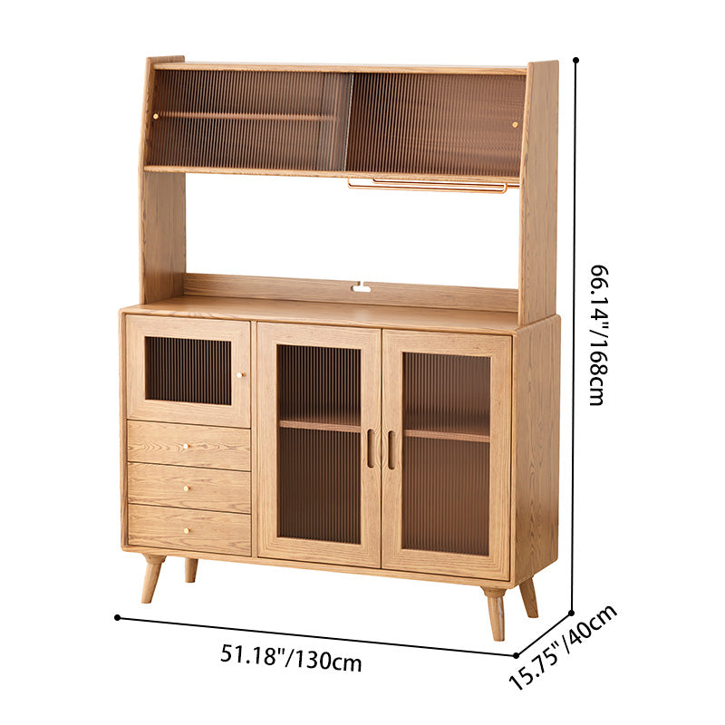 Contemporary Scandinavian North American Ash Wood Storage Cabinet - Rectangular With Hutch Ribbed Glass Storage Sideboard For Dining Room & Kitchen Lumendat