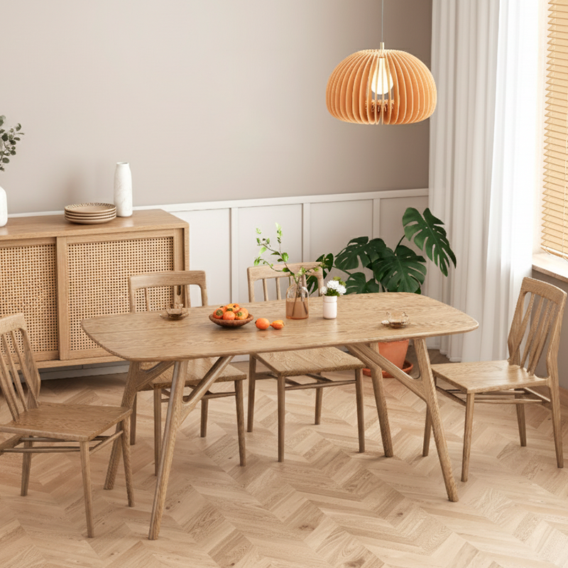 Contemporary Nordic North American Ash Wood Dining Table Set - Rectangular Wooden Table & Curved Chairs For Kitchen & Dining Room Lumendat