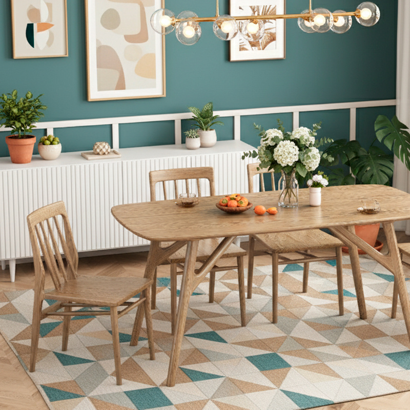 Contemporary Nordic Rectangular North American Ash Wood Dining Table Set - Rectangular Dining Table Rhombus Chairs For Dining Room & Kitchen Lumendat